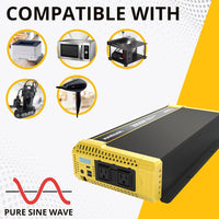 Krieger 3000W Pure Sine Wave Inverter 12V DC to 120V AC Converter for RV, Truck, Off-Grid Solar Power Inverter 12V to 110V W/Built-in 5V/2.1A USB Port, AC Hardwire Port, Remote Cables Fuse Included