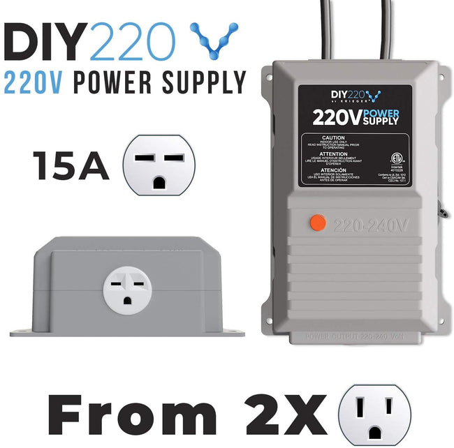 DIY220 Quick Connect 220V Power Supply, Power 208-240 Volts from Two Separate 110/120V AC Circuits, 220V 15A AC Output Outlet, GFCI Outlet Circuit Tester Included – ETL Certified Under UL and CSA Std